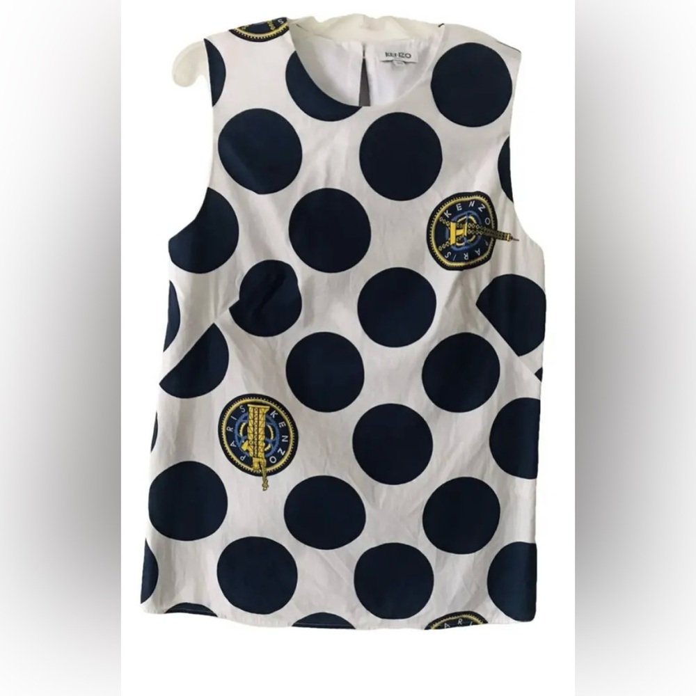 NWT Kenzo Paris Women  T-Shirt White & Blue Polka dot Sleeveless Top